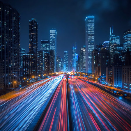 A captivating night view captures dynamic light trails on a highway, showcasing a vibrant urban landscape filled with towering skyscrapers against a dark blue sky.の素材