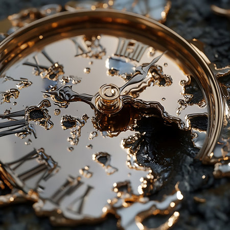 This captivating image showcases a stunning golden clock face adorned with artistic water droplets, emphasizing its elegant design and intricate details in a reflective surface.の素材