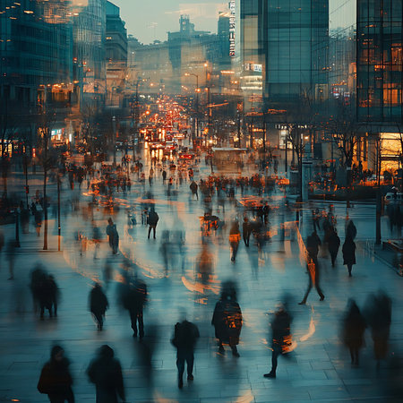 A captivating urban scene at dusk showcasing the hustle and bustle of city life, with pedestrians in motion and bright lights reflecting off modern buildings.の素材