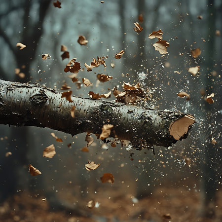 Captivating image depicting the energetic moment of wood splitting, showcasing flying debris against a misty forest backdrop. Perfect for nature lovers and action enthusiasts.の素材