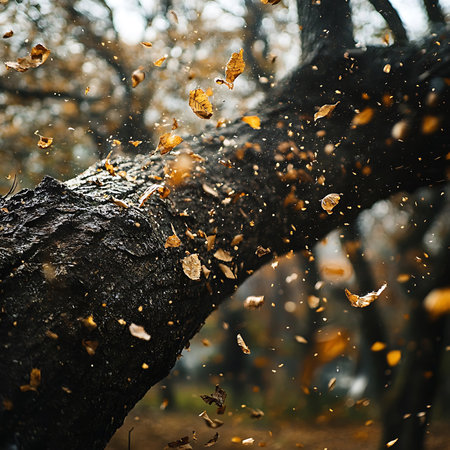Captivating autumn scene showcasing falling leaves from a tree, creating a dynamic and tranquil atmosphere in a serene natural landscape.の素材