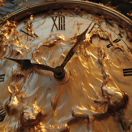 This striking image creatively combines a clock face with flowing liquid, symbolizing the fluid nature of time in an imaginative, dreamlike setting. Perfect for artistic projects.の素材