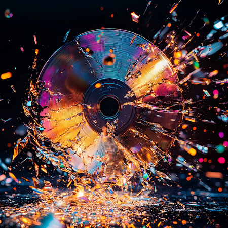 A stunning visual of a shattered vinyl record, showcasing bright colors and dynamic light effects, representing the energy and creative impact of music in a modern artistic form.の素材