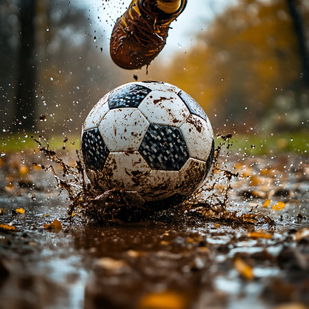 A dynamic image displaying a soccer ball splashing through muddy water as a player's foot strikes it, illustrating the excitement and energy of outdoor sports during rainy autumn days.の素材