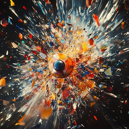 This image captures an explosive burst of colorful shards and dynamic particles, creating a stunning visual experience filled with energy and vibrant textures perfect for creative projects.の素材