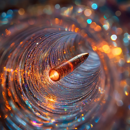 A mesmerizing spiral of shimmering particles and glowing light forms a captivating depth, ideal for artistic backgrounds and creative visual projects.の素材