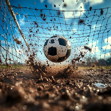 A dynamic close-up captures a soccer ball striking the goal net, sending up mud on a bright, sunny day. The image conveys excitement and energy in outdoor sports.の素材