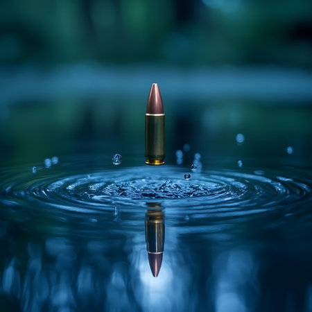A captivating image of a bullet hovering above water, creating ripples and reflections, highlighting the contrast between nature's calmness and the objectâs sharp detail.の素材