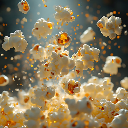 A stunning display of air-popped popcorn bursting into the air with golden kernels, set against a light backdrop, ideal for food-themed projects and creative imagery.の素材