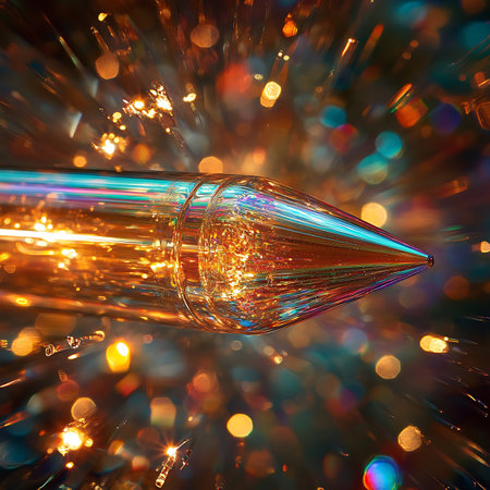 A captivating close-up image of a colorful metallic pen tip, surrounded by an explosion of sparkling lights. The dynamic visual captures creativity and elegance in design.の素材