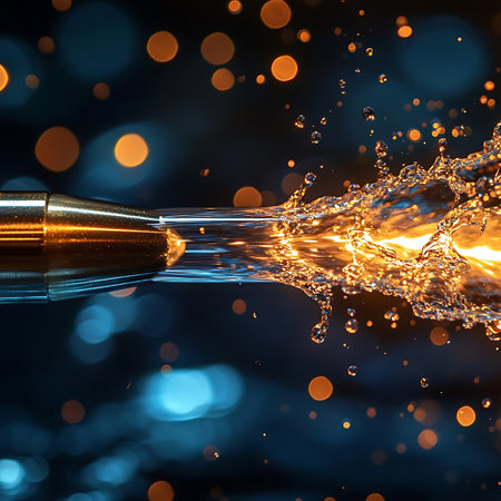 A mesmerizing close-up image showcasing a bullet shooting out of a firearm, with dynamic water splashes and beautiful bokeh lights, capturing energy and motion perfectly.の素材