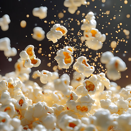Capture the essence of joy with this stunning image of popcorn bursting into the air, showcasing its fluffy texture and mouth-watering appeal, ideal for food-related themes.の素材
