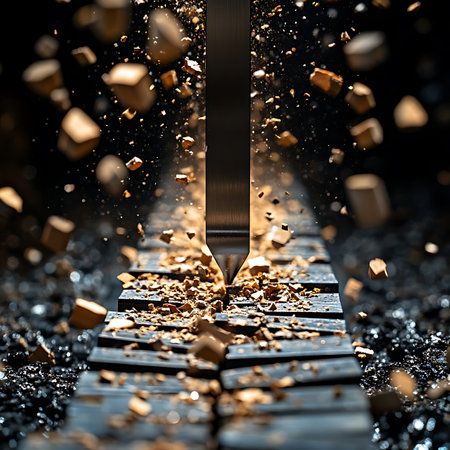A striking close-up image capturing a sharp chisel embedded in wood, surrounded by flying shavings and dust, emphasizing the beauty of craftsmanship and precision in woodworking.の素材