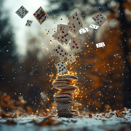 This captivating image showcases a stack of playing cards with others falling around it, set against a softly lit autumn backdrop, evoking a sense of excitement and creativity.の素材