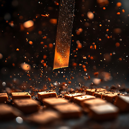 A captivating close-up shot of chocolate pieces with cascading splinters illuminated by soft light, evoking a sense of indulgence and rich, sweet flavor. Perfect for food lovers.の素材