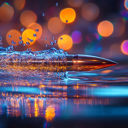This stunning close-up image features a silver pen submerged in water, surrounded by shimmering bubbles and a vibrant bokeh background, capturing a sense of elegance and sophistication.の素材