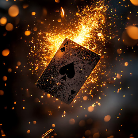 A striking playing card featuring the ace of spades, set against a backdrop of explosive sparks and vibrant light effects, perfect for gaming and casino visuals.の素材