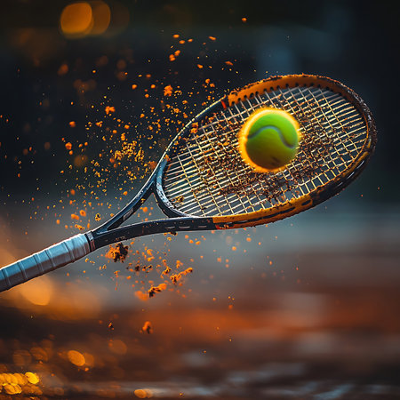 A vivid capture of a tennis ball striking a racket, sending dust flying, showcasing the intensity and excitement of the sport in action. Ideal for sports-related content.の素材