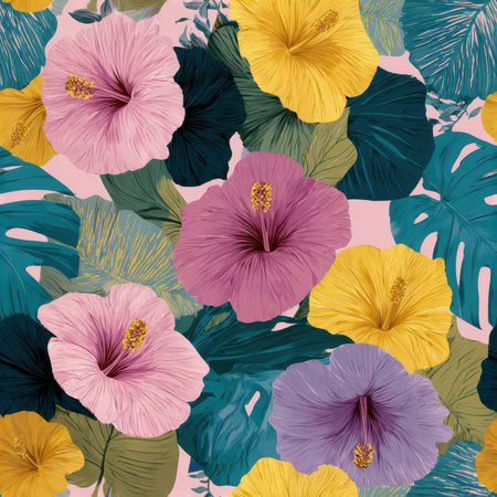This stunning artwork features a vibrant array of hibiscus flowers with tropical leaves. Perfect for a cheerful and exotic decor design or themed projects.の素材