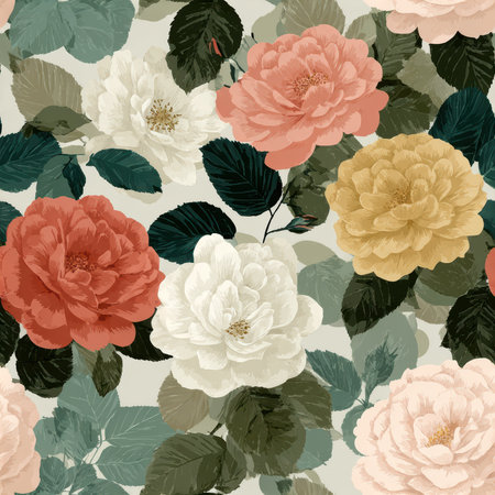 This beautiful floral pattern features an array of soft-colored blooms with intricate details, perfect for bringing a touch of elegance to any design project.の素材