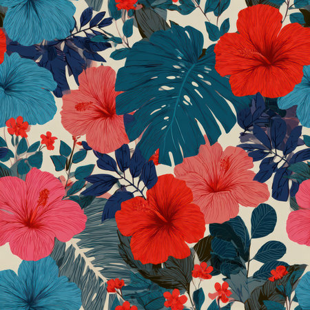 This vibrant floral pattern features stunning hibiscus flowers and lush tropical leaves. Perfect for various design projects, it brings a fresh, tropical vibe.の素材