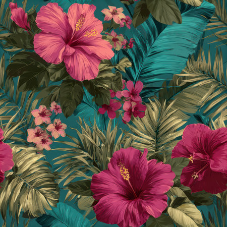 A stunning digital illustration featuring vibrant pink hibiscus flowers surrounded by lush green leaves, perfect for tropical-themed projects, backgrounds, or decor.の素材