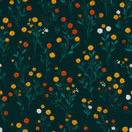Vivid floral pattern featuring colorful flowers and green leaves on a dark background. Ideal for textile design, wallpaper, and creative projects.の素材