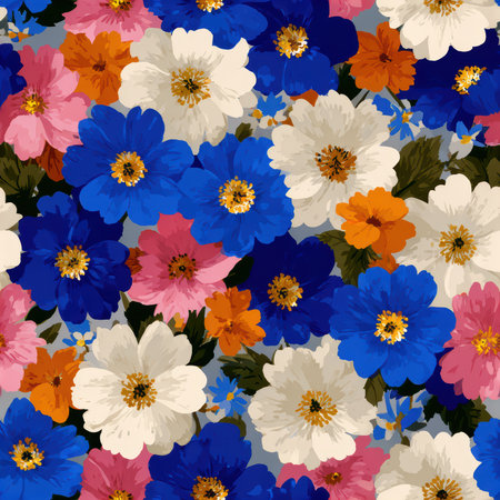 A vibrant and colorful floral pattern featuring a variety of blue, white, and pink blooms. Perfect for design projects, textiles, or decorative purposes.の素材