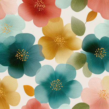 Vibrant and colorful floral pattern featuring abstract flowers and leaves. This design exudes freshness and charm, perfect for various decorative uses.の素材