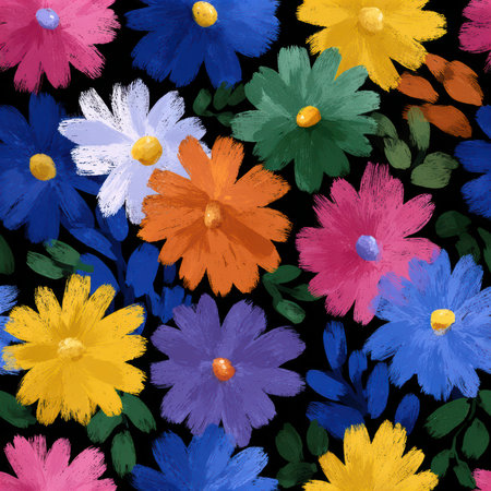 Bright and colorful floral pattern featuring various flowers on a black background. Perfect for seasonal projects, textile design, or decoration, exuding a joyful vibe.の素材