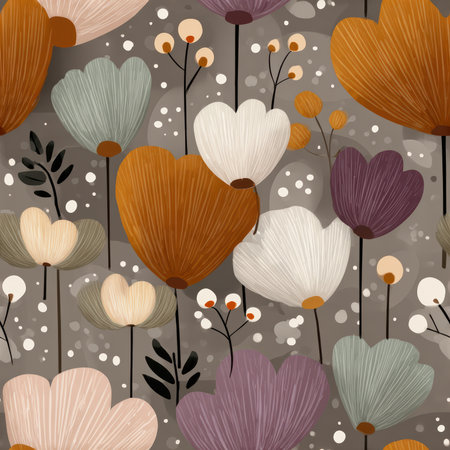This vibrant floral pattern features an assortment of abstract flowers and shapes against a soft gray background, perfect for modern design projects and decor.の素材