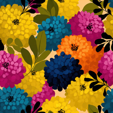 A vibrant floral pattern showcasing colorful flowers and lush green leaves. The design features a cheerful mix of hues, perfect for adding energy to any project.の素材