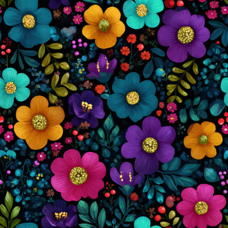 Explore this vibrant floral pattern featuring colorful blossoms and lush leaves on a dark background, perfect for various creative projects and designs.の素材