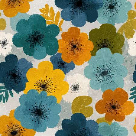 Bright and cheerful floral pattern featuring colorful blue, yellow, orange, and white flowers against a light background. Ideal for various creative projects.の素材