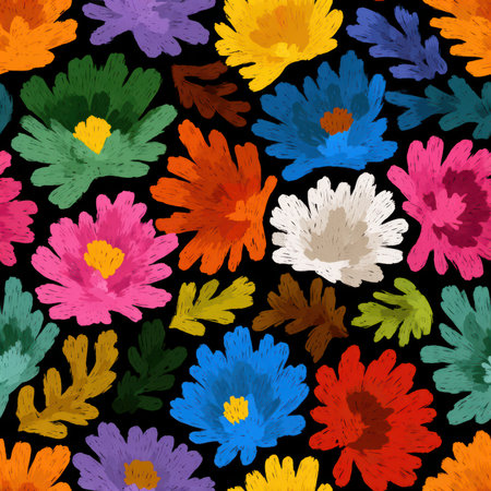 This vibrant floral pattern showcases a rich variety of colorful flowers on a striking black background, ideal for textiles, wallpapers, and artistic designs.の素材