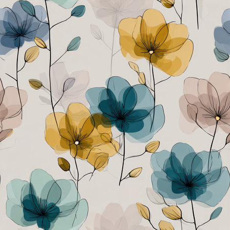 An elegant floral pattern featuring abstract colorful flowers and delicate leaves on a soft background, perfect for various creative projects and decor.の素材