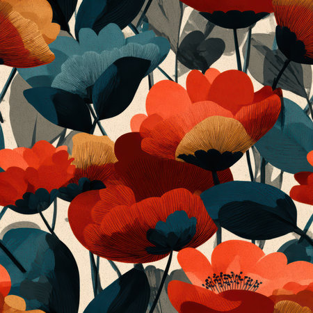 This vibrant floral pattern features striking red and blue blooms against a soft background, perfect for textiles, wallpapers, and artistic designs.の素材