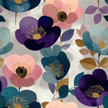 This vibrant floral design features an array of abstract flowers and leaves, creating a cheerful and artistic background perfect for various applications.の素材