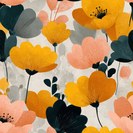 This vibrant abstract floral pattern showcases yellow and pink flowers against a soft backdrop, perfect for adding color and cheer to any design project.の素材