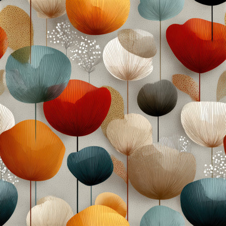 Vibrant abstract floral design featuring bold shapes and diverse colors. Ideal for wall art, prints, or decorative elements that evoke nature's beauty.の素材