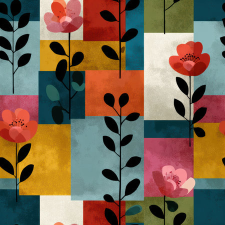 Bright and colorful floral pattern featuring geometric shapes and textured backgrounds, ideal for various design projects, textiles, or wallpapers.の素材