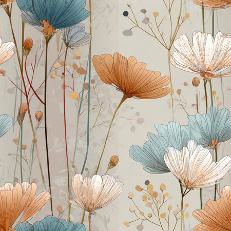 This elegant floral pattern features delicate flowers in soft pastel colors, perfect for enhancing any design project with a touch of nature's beauty.の素材