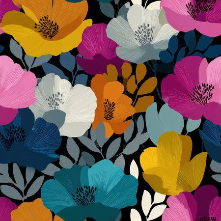 A lively and colorful floral pattern featuring a variety of blooms and leaves, perfect for vibrant designs, textiles, or home decor.の素材