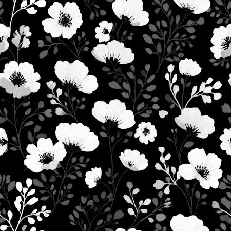 This elegant black and white floral pattern features delicate blossoms and intricate leaves, ideal for various design projects, textiles, and artistic endeavors.の素材