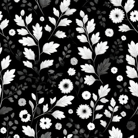 A stunning monochrome floral pattern showcasing delicate leaves and flowers on a black background, perfect for various design applications and decorations.の素材