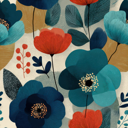 This vibrant floral pattern features bold blue and red flowers against a soft backdrop, creating a captivating visual art piece ideal for modern decor and design.の素材