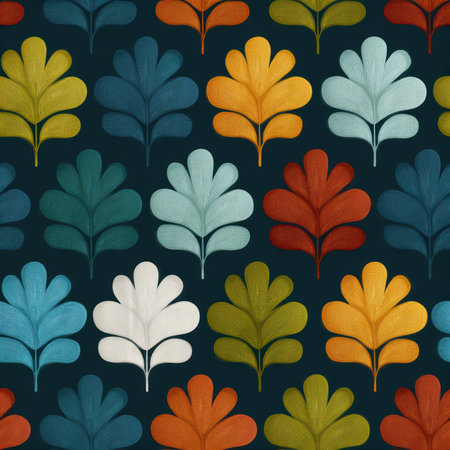This colorful leaf pattern features vibrant shades against a dark background, perfect for various design projects. Its modern aesthetic adds a touch of nature to any space.の素材