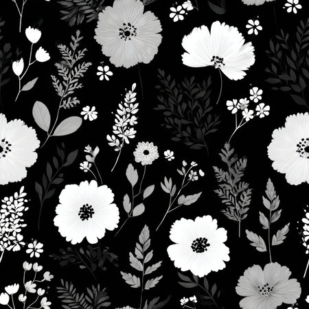 Stunning black floral pattern featuring striking white flowers, perfect for a modern aesthetic. Ideal for home decor, textiles, and artistic projects.の素材