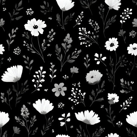 Elegant floral design featuring white flowers and foliage on a black background. Perfect for textiles, wallpapers, or graphic projects, this pattern adds a chic touch.の素材