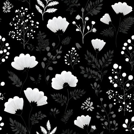 This artistic floral pattern features white flowers and leaves on a black background, creating a striking monochrome design. Ideal for various creative projects.の素材